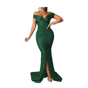 New Womens LalaLin Green Ruched Off Shoulder Flattering Evening Dress - Sz 2X